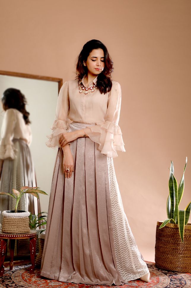 Omana by Ranjan Bothra's Brown and beige Color Box Pleated Skirt with Organza Shirt - Rent