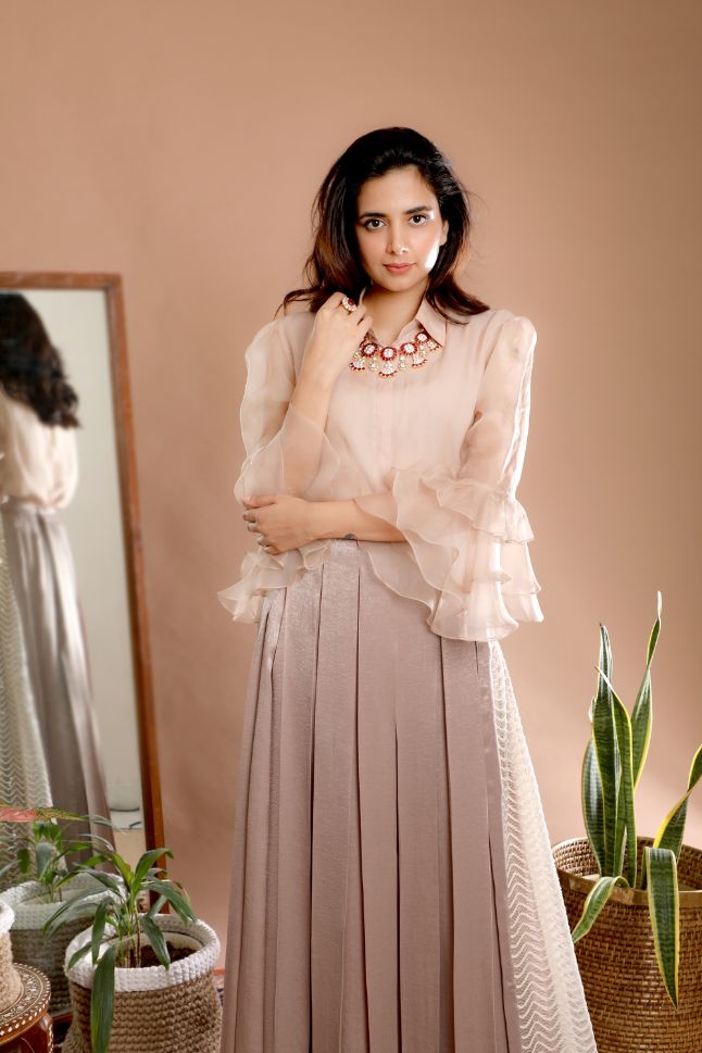 Omana by Ranjan Bothra's Brown and beige Color Box Pleated Skirt with Organza Shirt - Rent