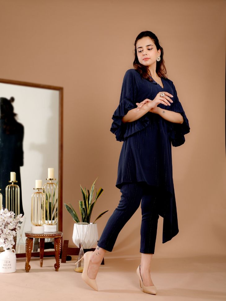 Omana by Ranjan Bothra's Navy Blue Asymmetrical Party Wear Tunic Set - Rent