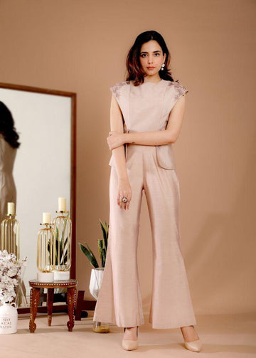 Beige Color Embroidered Party Wear Jumpsuit - Rent - Glamourental