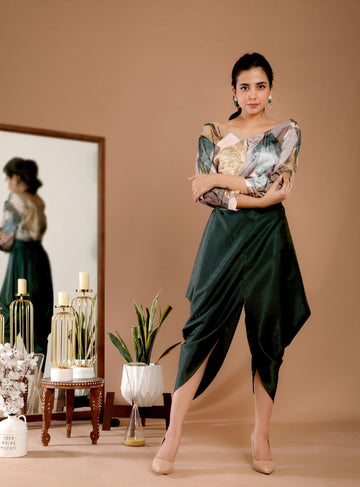 Omana by Ranjan Bothra's Green Color Marble Printed Top & Dhoti Set - Rent