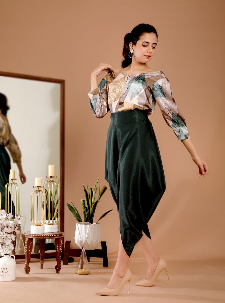 Omana by Ranjan Bothra's Green Color Marble Printed Top & Dhoti Set - Rent