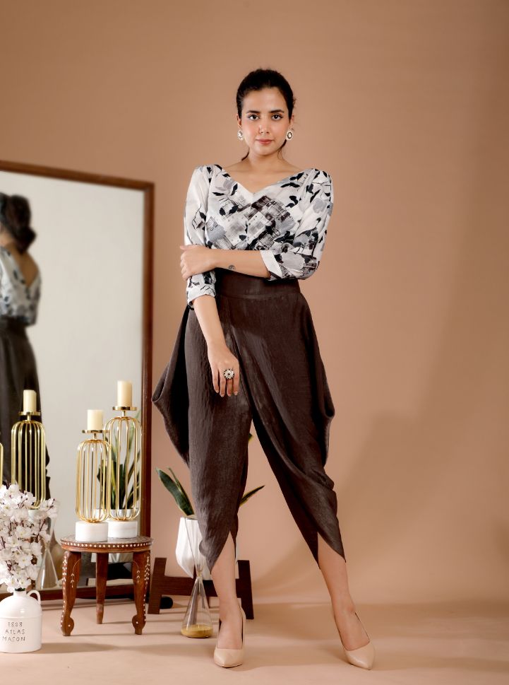 Omana by Ranjan Bothra's Greyish Brown Geo Printed Top & Dhoti Set - Rent