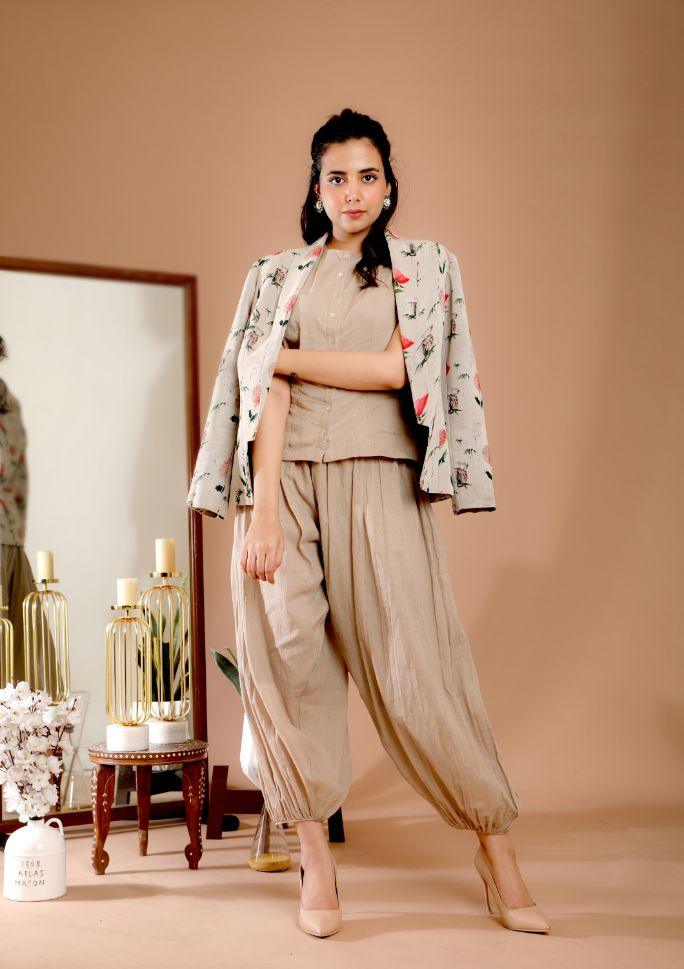 Beige Color Printed Jacket & Cowl Dhoti Set - Rent - Glamourental