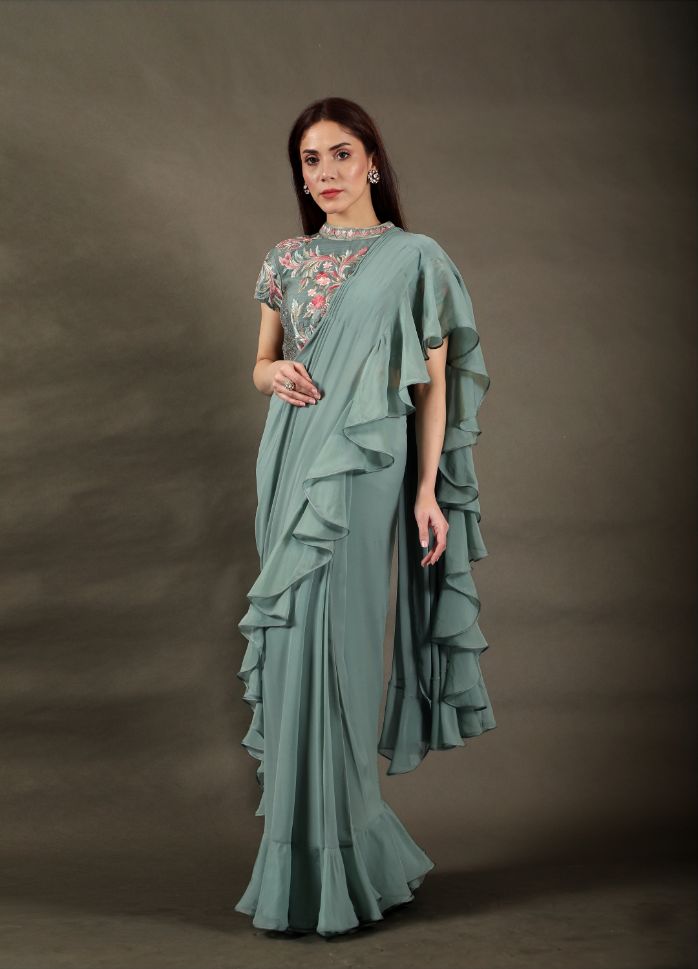 Omana by Ranjan Bothra's Teal Green Raw Silk Pre-Draped Saree Set - Buy