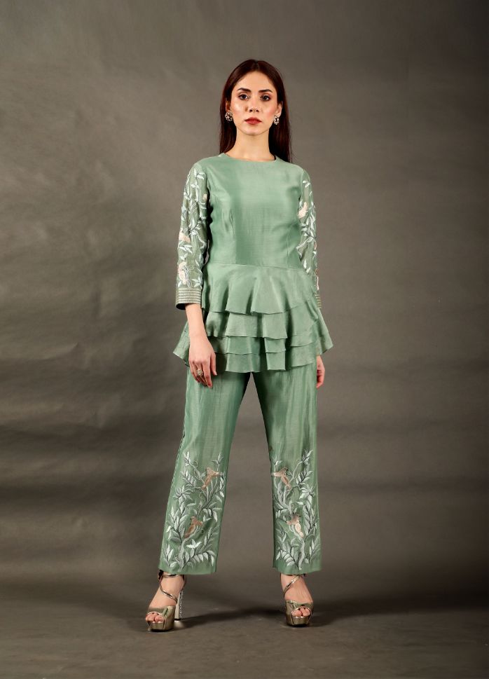 Omana by Ranjan Bothra's Teal Green Cotton Chanderi Pant Set - Buy