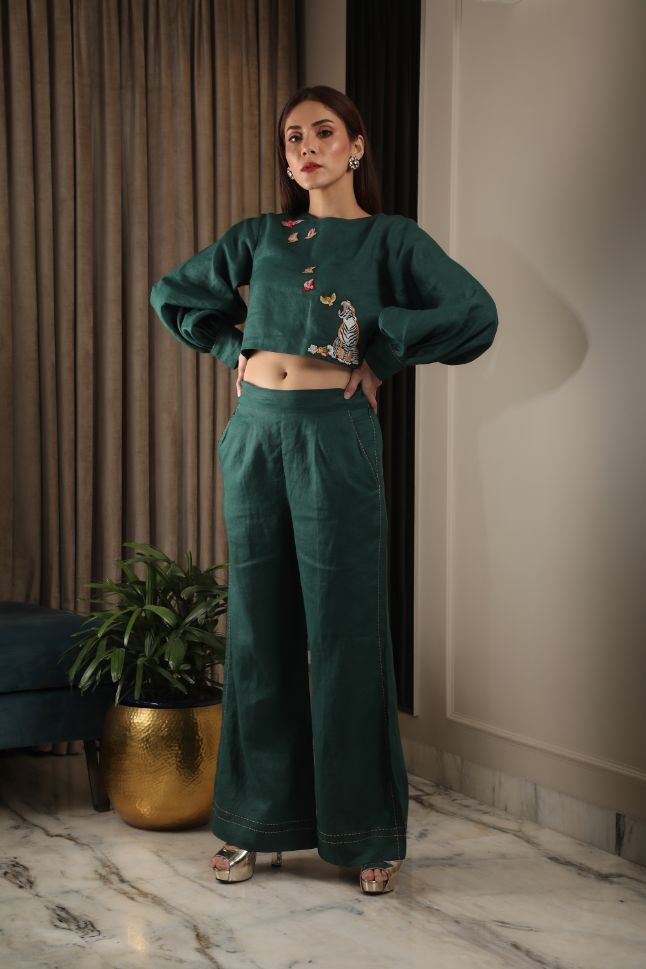 Omana by Ranjan Bothra's Emerald Green Cotton Linen Co-Ord Set - Rent