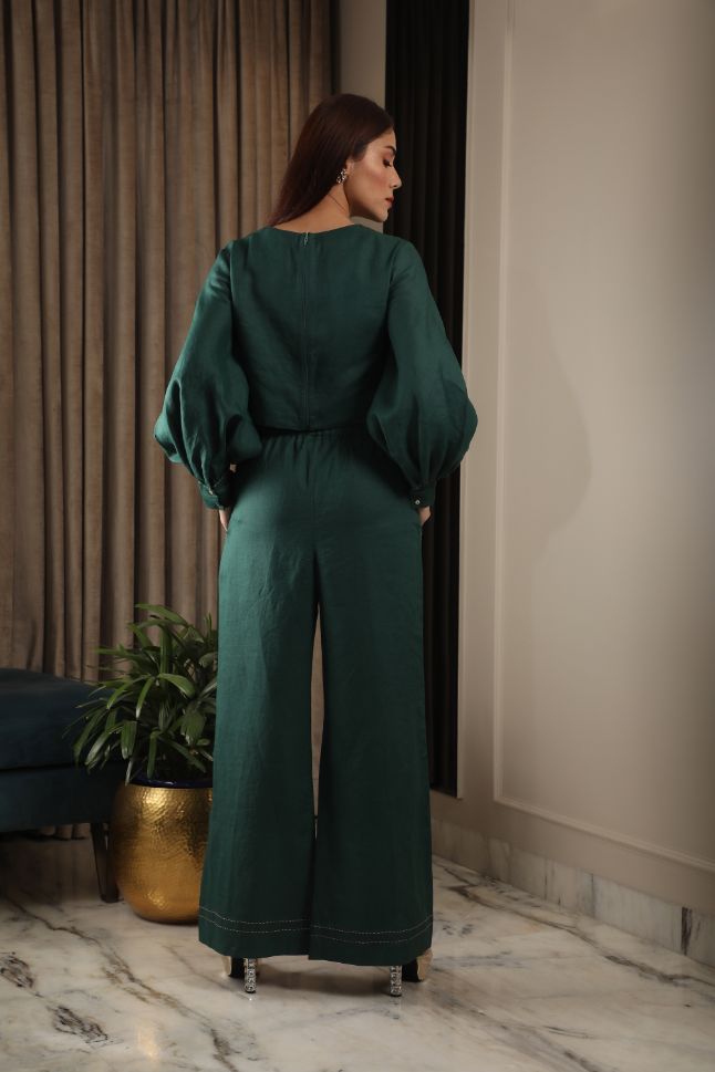 Omana by Ranjan Bothra's Emerald Green Cotton Linen Co-Ord Set - Rent