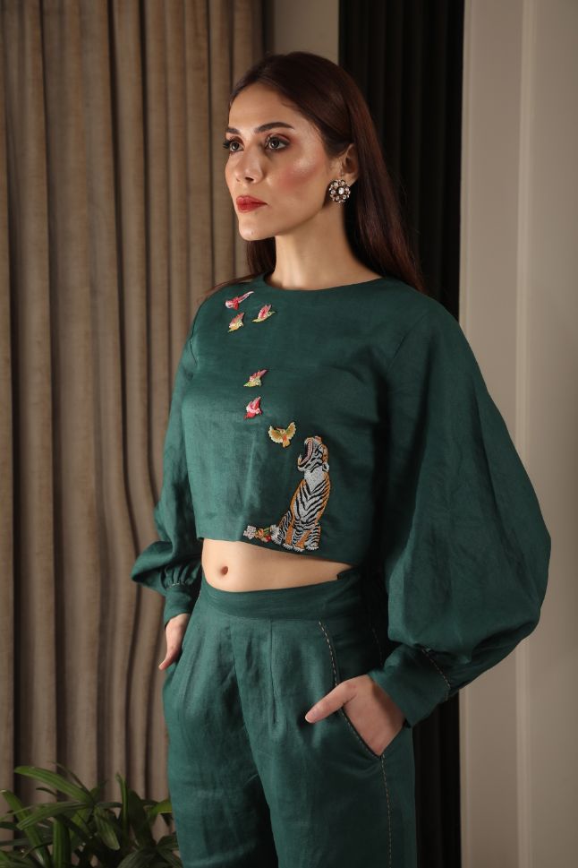 Omana by Ranjan Bothra's Emerald Green Cotton Linen Co-Ord Set - Rent