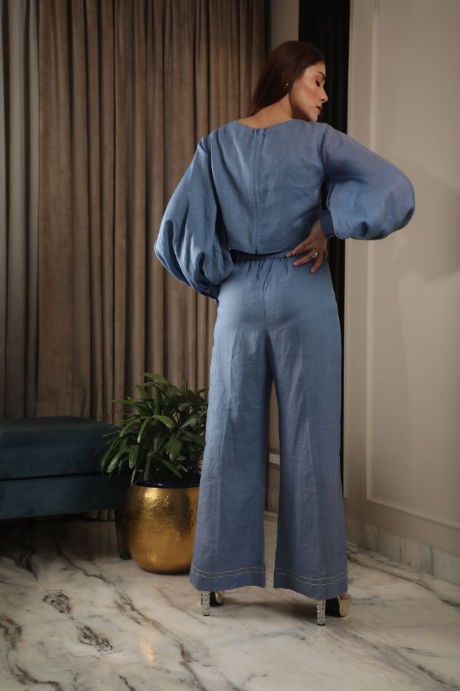 Omana by Ranjan Bothra's Blue Cotton Linen Co-Ord Set - Rent