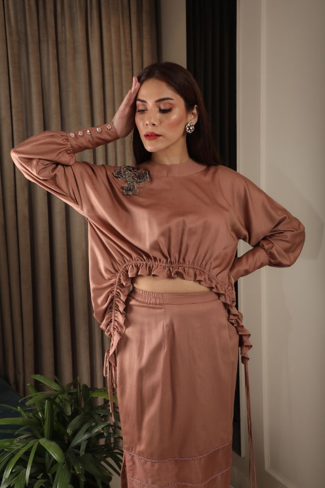 Omana by Ranjan Bothra's Brown Color Rouching Top & Skirt - Rent
