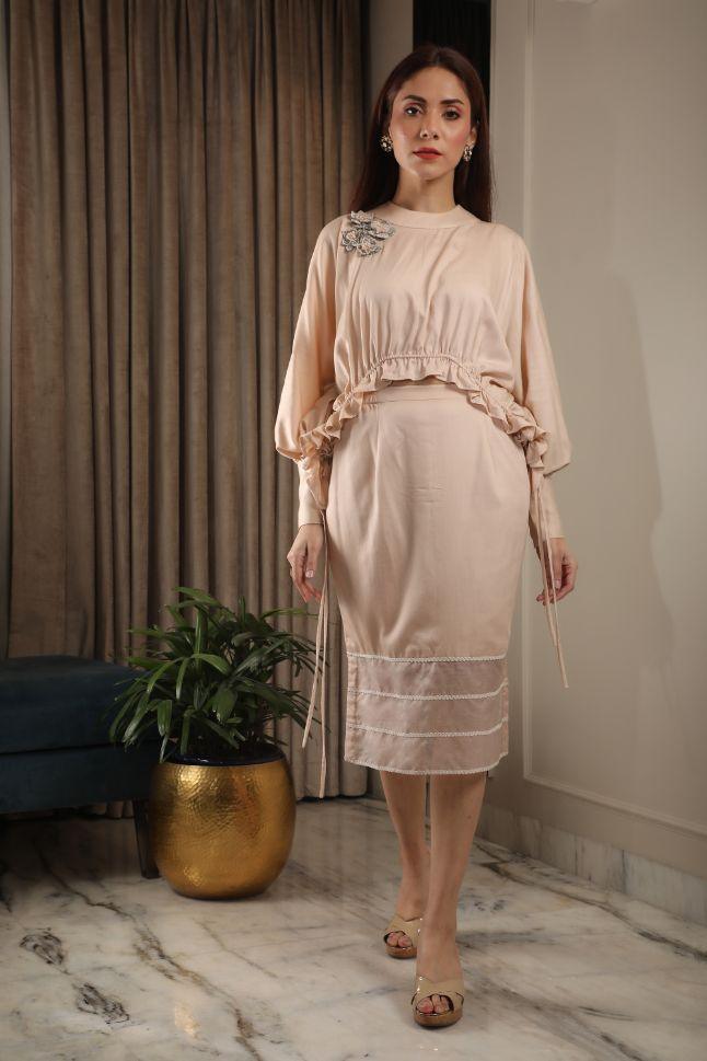 Beige Color Modal Satin Skirt Set - Rent - Glamourental