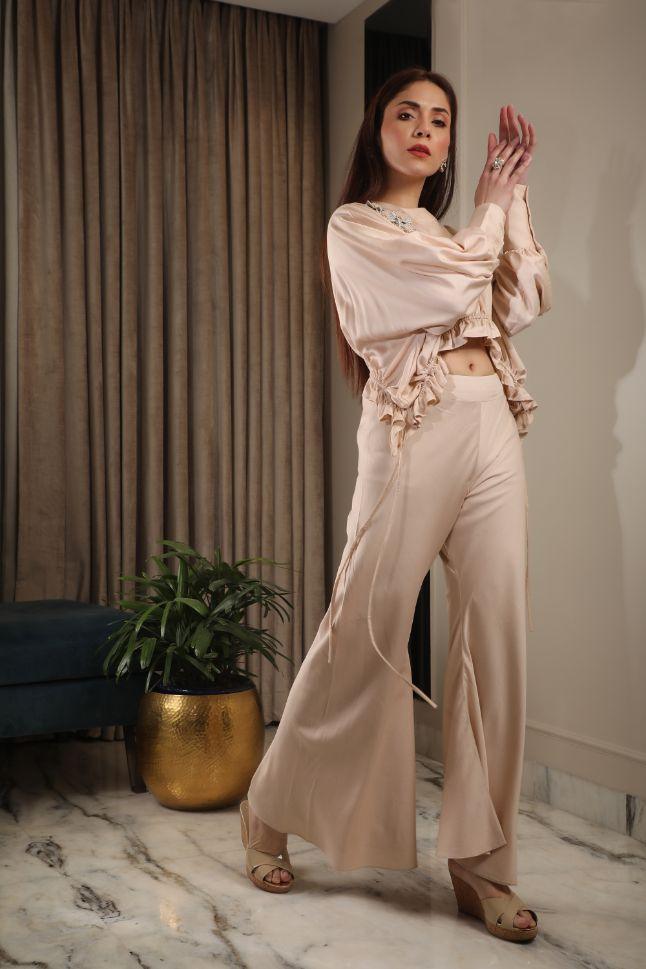 Beige Modal Satin Co-Ord Set - Rent - Glamourental