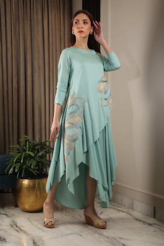 Omana by Ranjan Bothra's Powder Blue Modal Satin Layered Dress - Rent