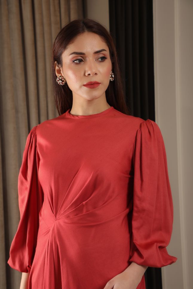 Omana by Ranjan Bothra's Crimson Red Modal Satin Draped Dress - Rent
