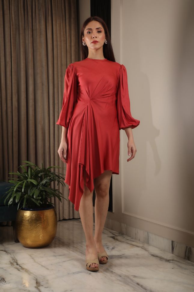 Omana by Ranjan Bothra's Crimson Red Modal Satin Draped Dress - Rent