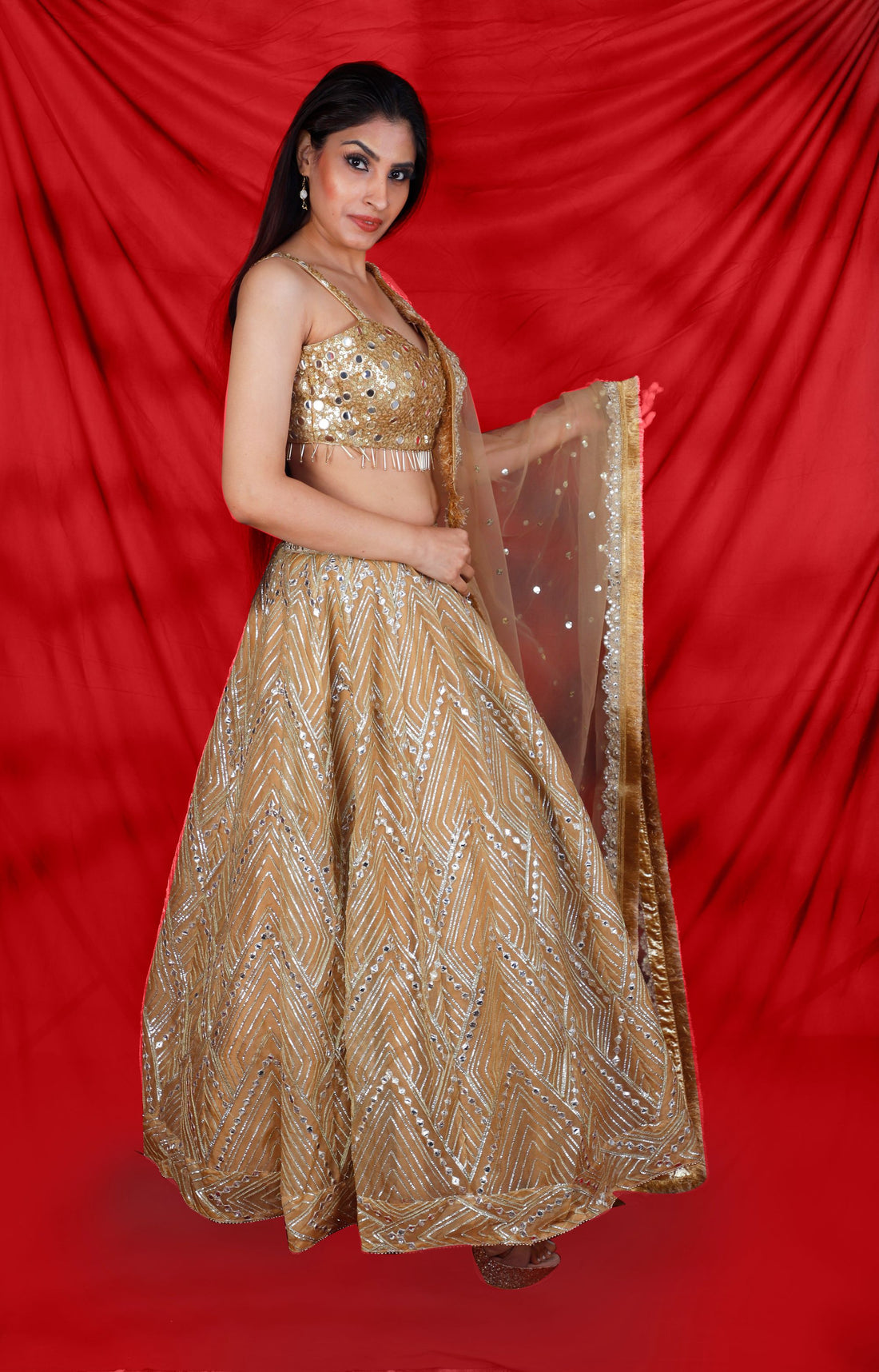 Golden Colored Sequins Work Lehenga Set - Rent