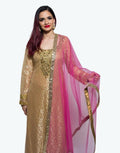 Rent Beige Net Kurta With Pink Palazzo And Dupatta - Glamourental