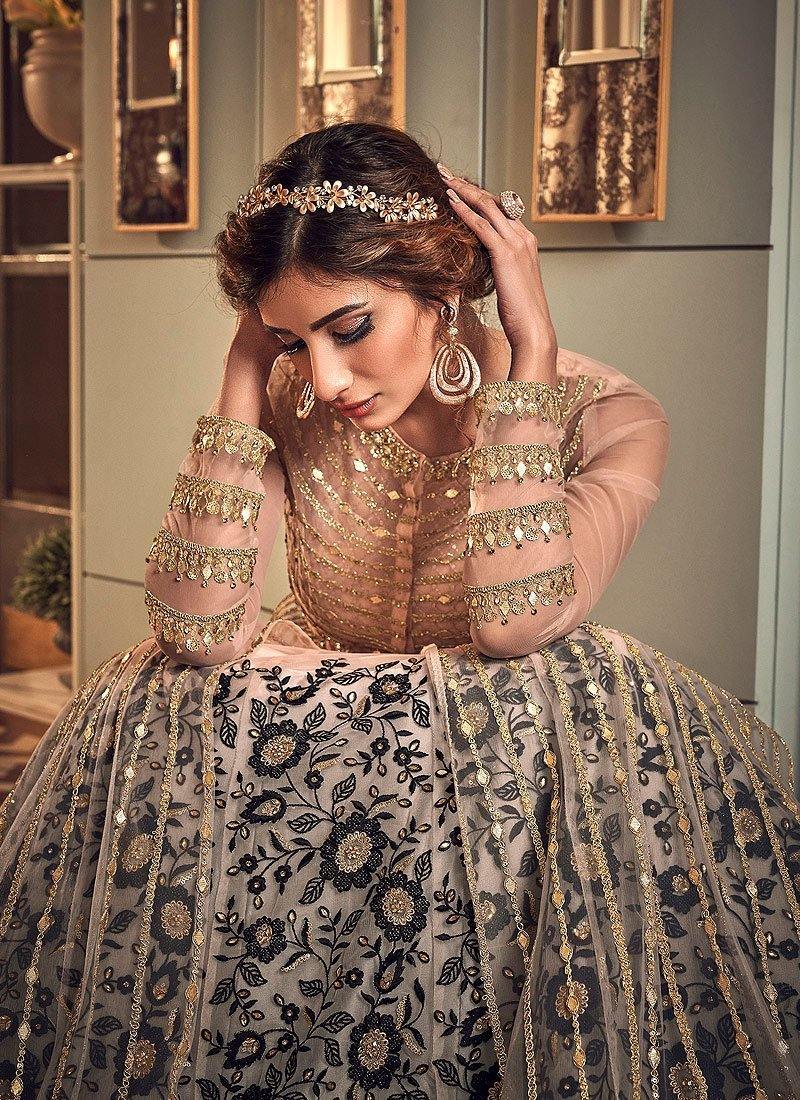 Light Pink Gown Style Heavy Embroidered Anarkali Set- Rent - Glamourental