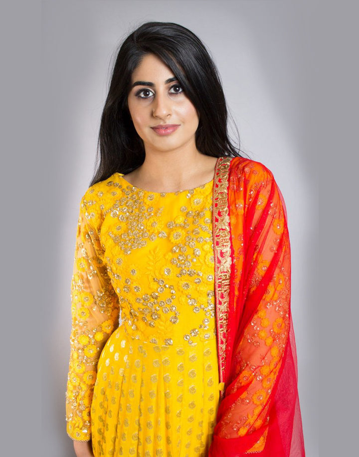 Rent Yellow Brocade Anarkali With Red Dupatta-Women-Glamourental