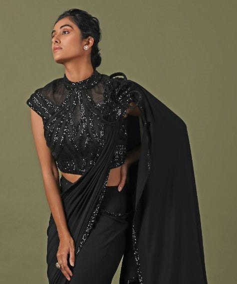 Black Color Sequins Work Lycra Drape Net Saree - Rent