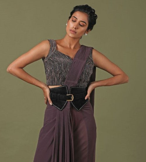 Purple Color Belt Lycra Drape Net Saree - Rent