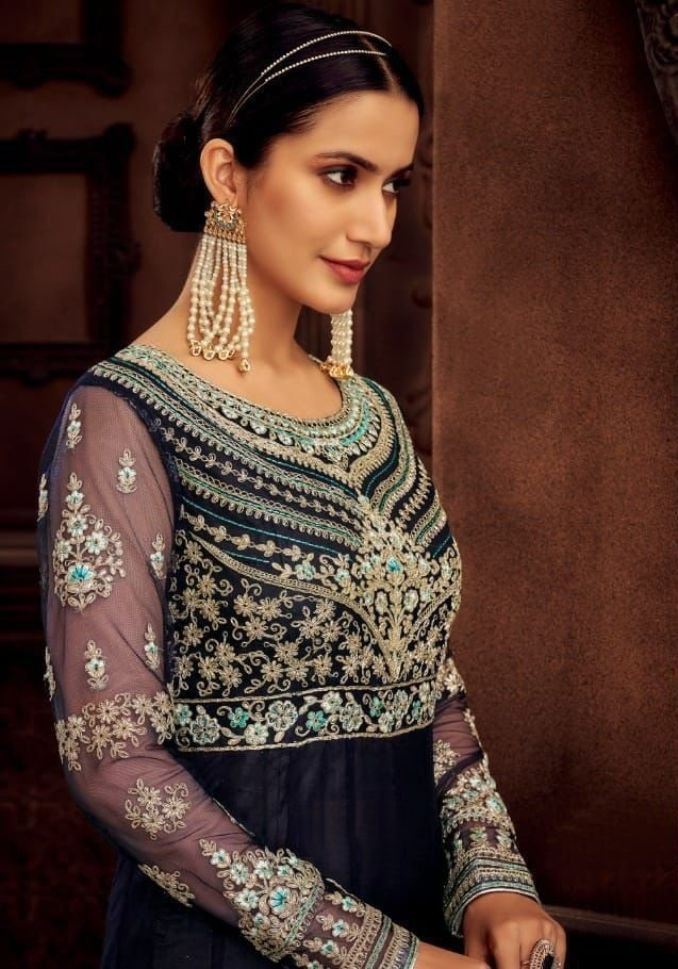 Heavy Embroidered Navy Blue Net Bridal Anarkali Suit - Rent