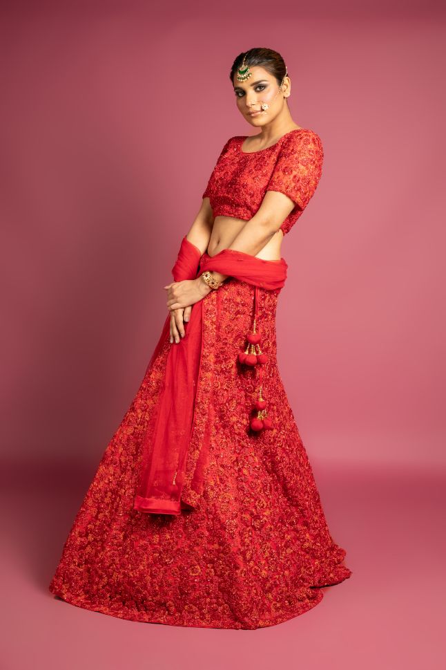Elegant Shehroze Red Color Embroidery Lehenga - Buy