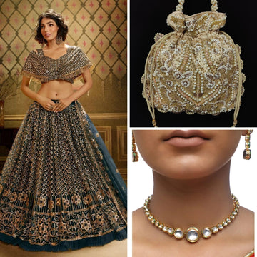 Green Soft Net Bridal Wear Lehenga Set + Golden Potli + Kundan Choker Set- Rent