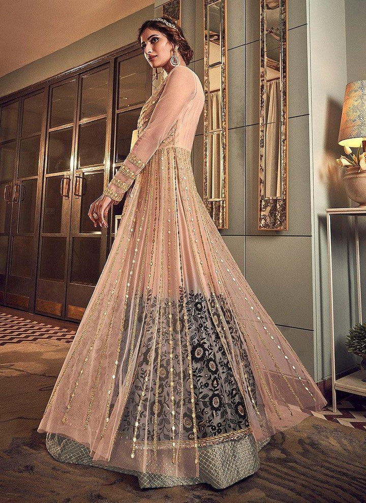 Light Pink Gown Style Heavy Embroidered Anarkali Set- Rent - Glamourental