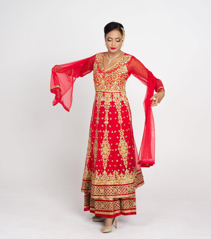 Red Anarkali Suit with Golden Embroidery for Rent - Glamourental