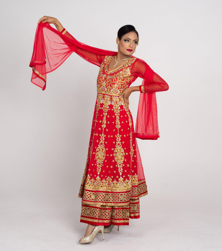 Red Anarkali Suit with Golden Embroidery for Rent - Glamourental