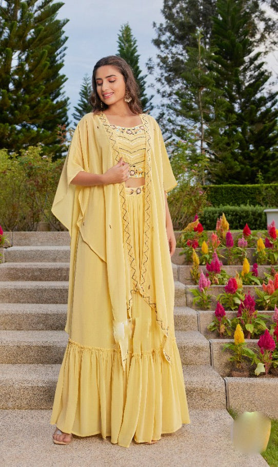 Classy Yellow colored Embroidered Lehenga Set with jacket - Rent