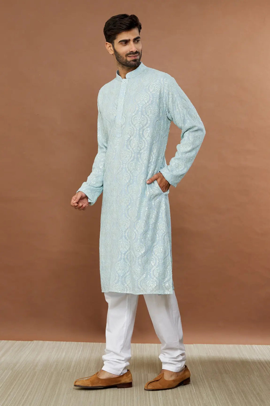 Aham Vayam's Blue Cotton Jashna Embroidered Kurta Set- Rent
