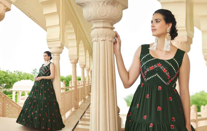 Olive Green Multi Embroidered Flared Anarkali Gown - Rent