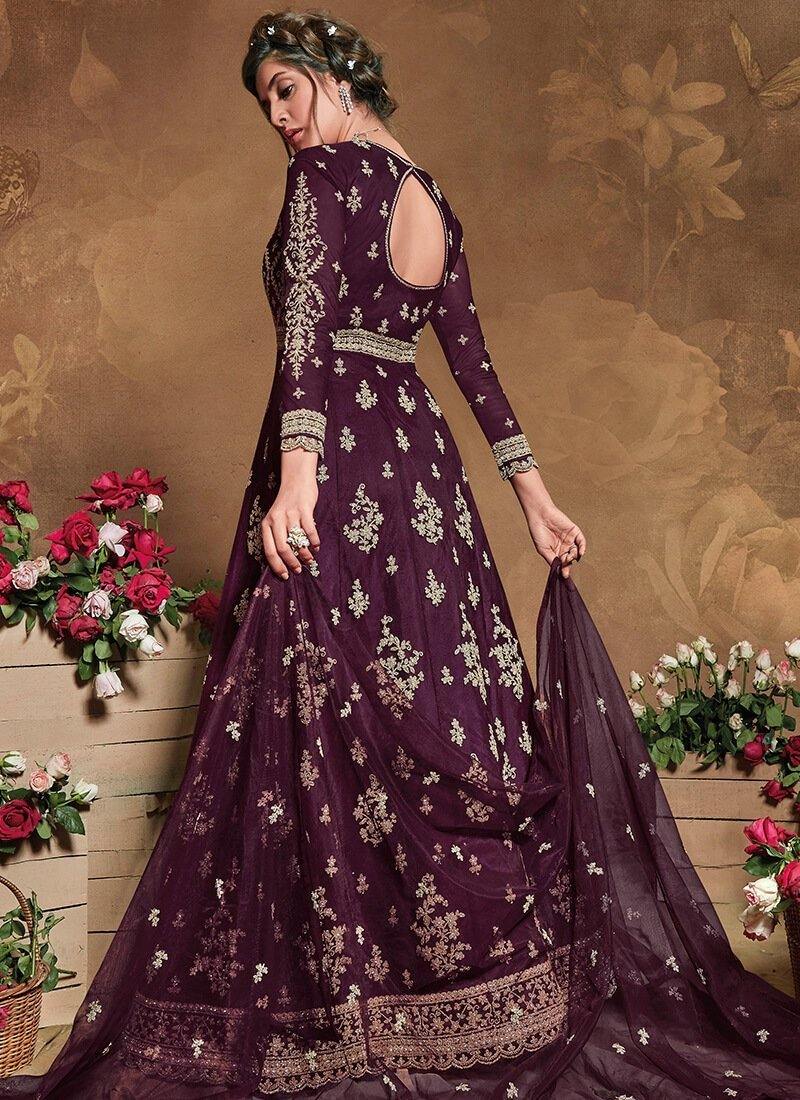 Wine Embroidered Anarkali Set- Rent - Glamourental