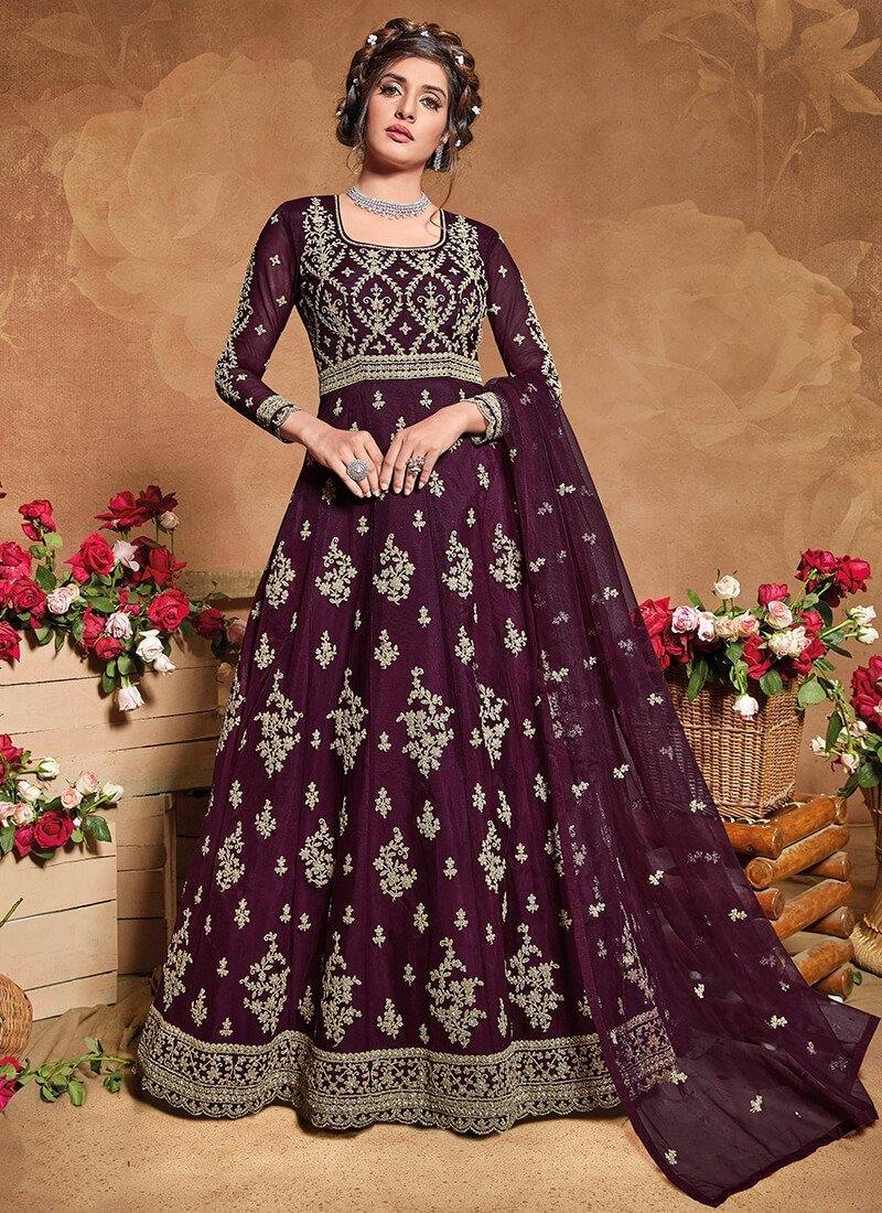 Wine Embroidered Anarkali Set- Rent - Glamourental