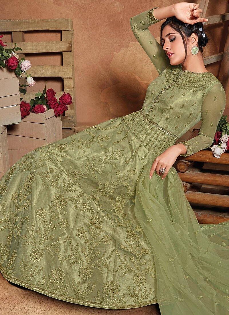 Light Green Embroidered Anarkali Set- Rent - Glamourental