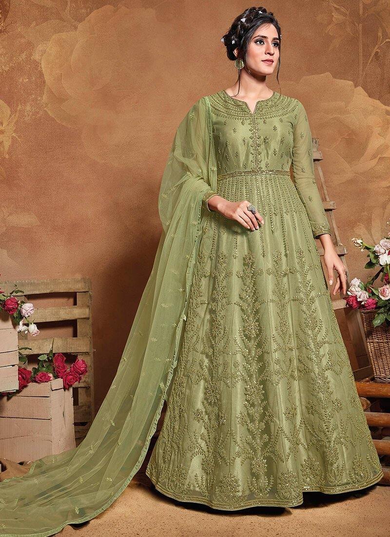 Light Green Embroidered Anarkali Set- Rent - Glamourental