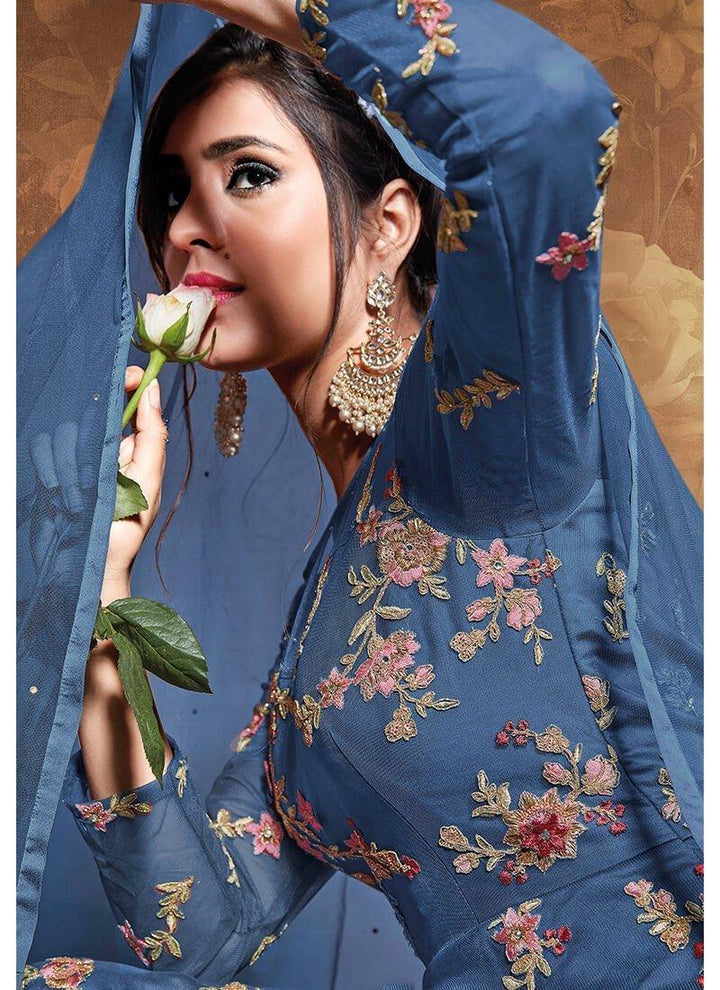 Blue Heavy Embroidered Anarkali Set- Rent - Glamourental
