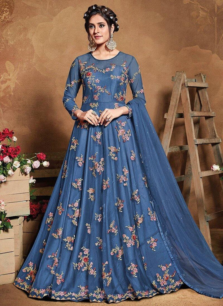 Blue Heavy Embroidered Anarkali Set- Rent - Glamourental