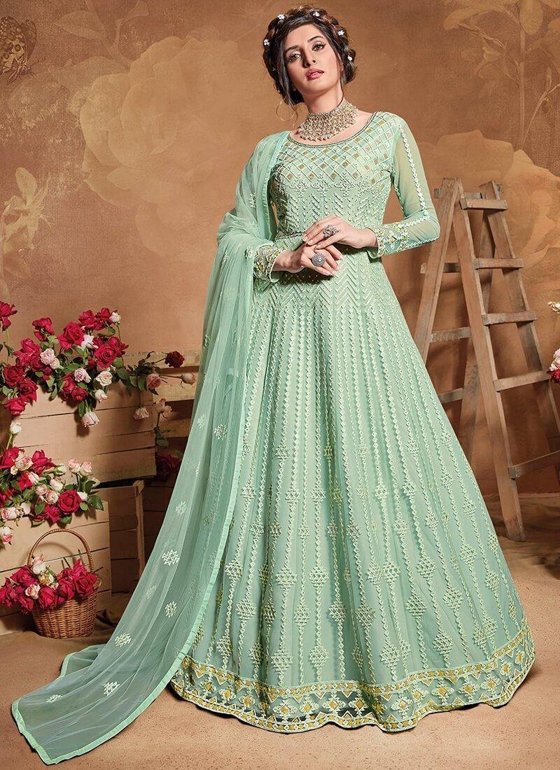 Light Mint Green Heavy Embroidered Anarkali Set- Rent - Glamourental