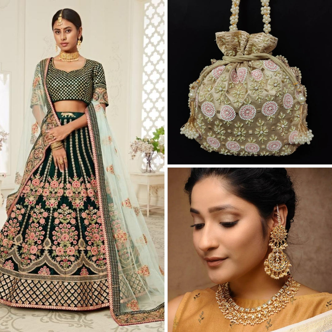 Green Heavy Bridal Wear Lehenga Choli + Creamy Brown embroidered Potli + Kundan Pearl Necklace Set- Rent