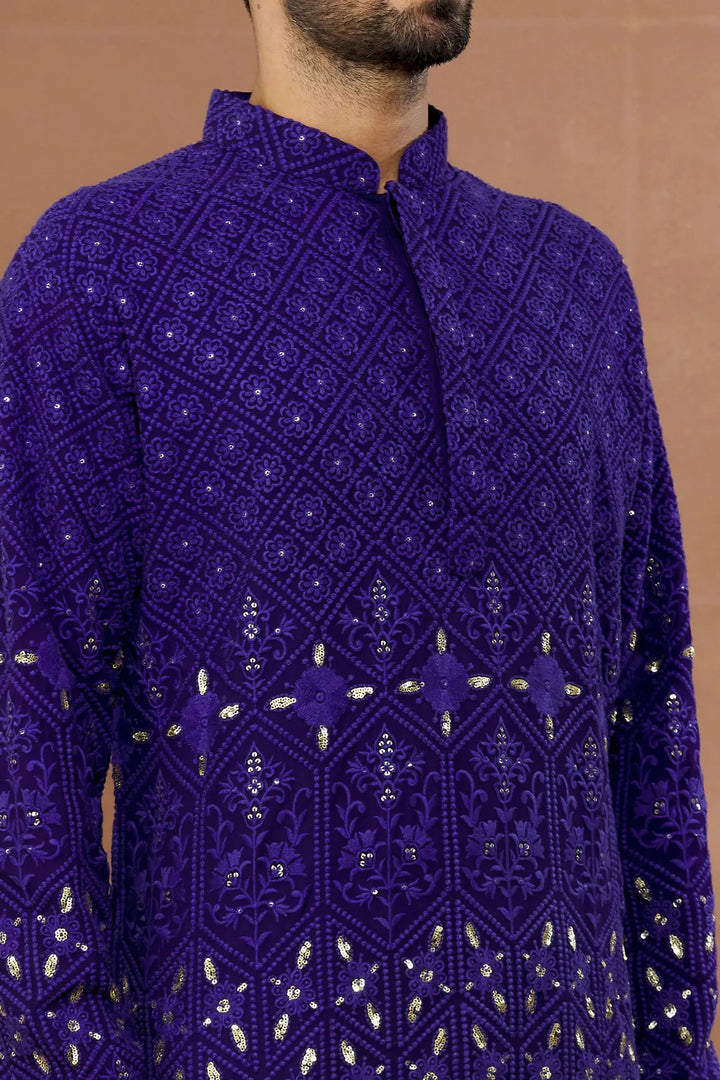 Aham Vayam's Blue Cotton Embroidered Kurta Set- Rent