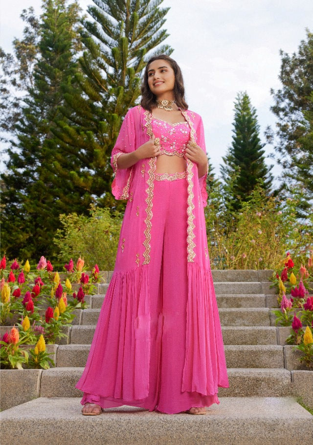 Elegant Pink colored Kurti Sharara set - Rent