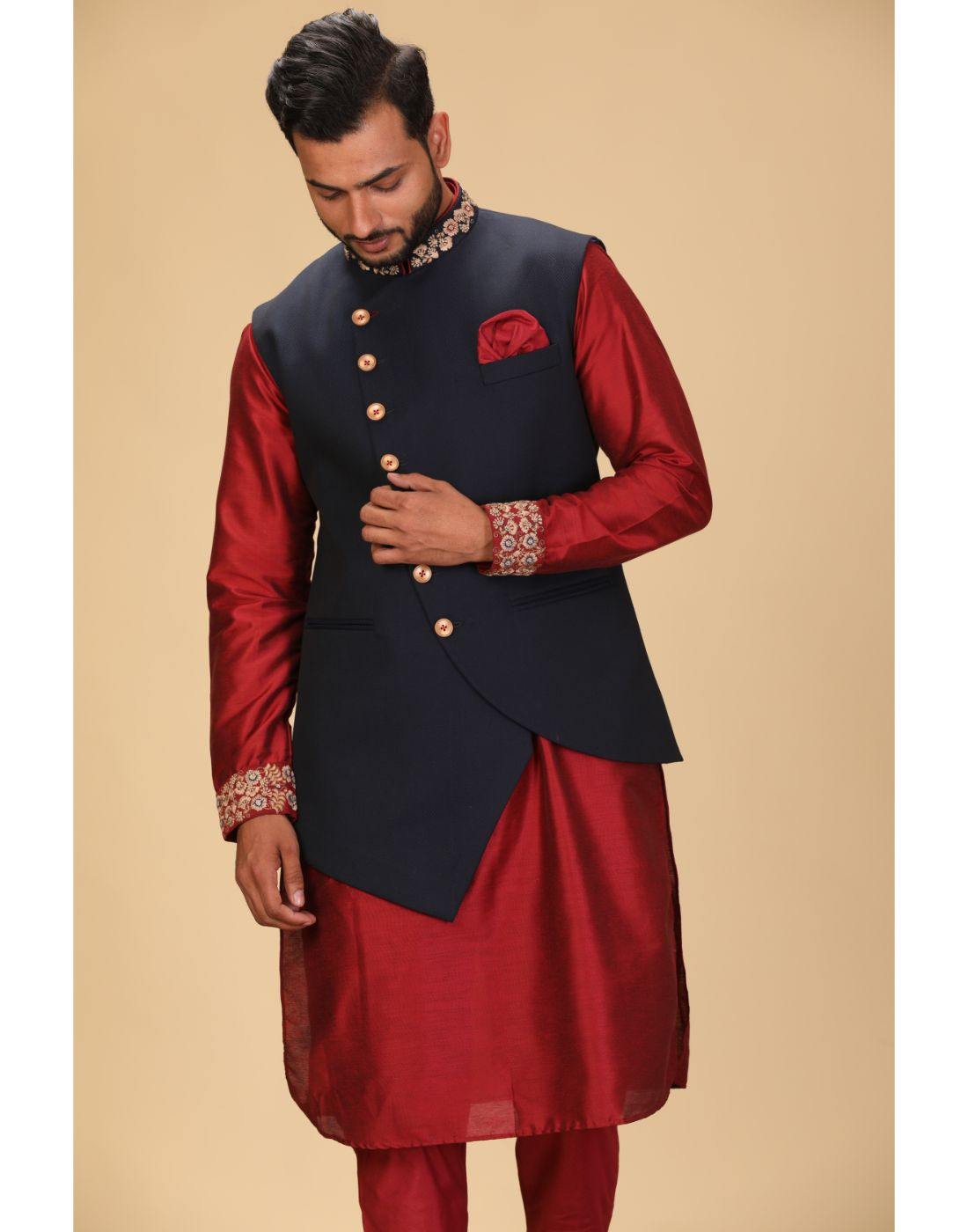 Looking for Latest Men Kurta Pant With Black Embroidered Jacket MKPA0223