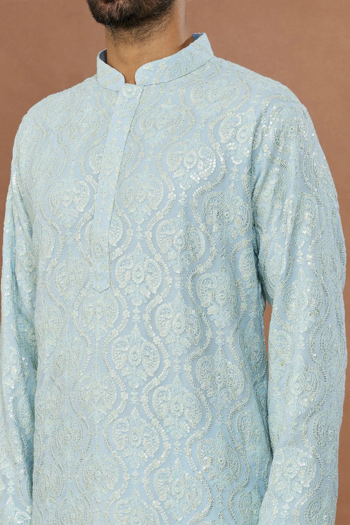 Aham Vayam's Blue Cotton Jashna Embroidered Kurta Set- Rent