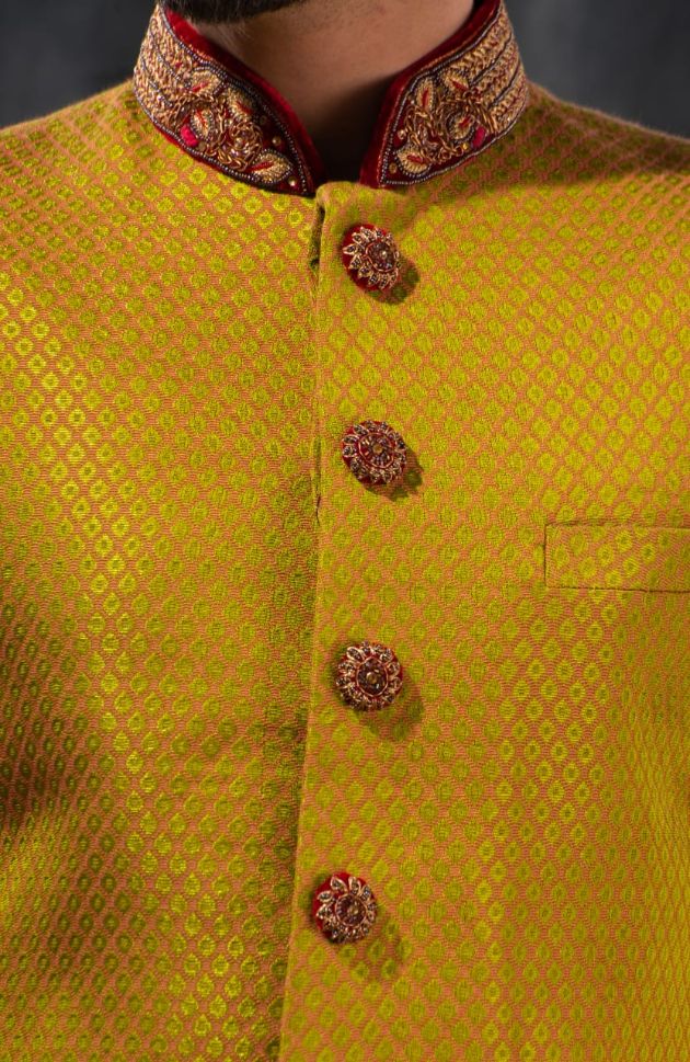 Yellow & Maroon Zari Embroidered Wedding Sherwani - Rent