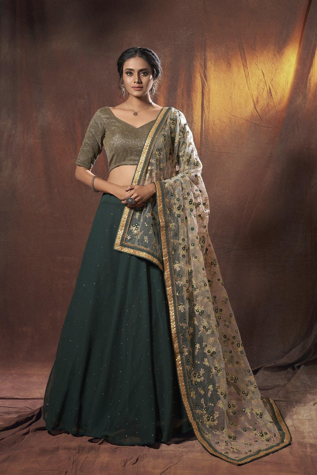 Deep Green Georgette Lehenga with Shimmer Blouse - Rent