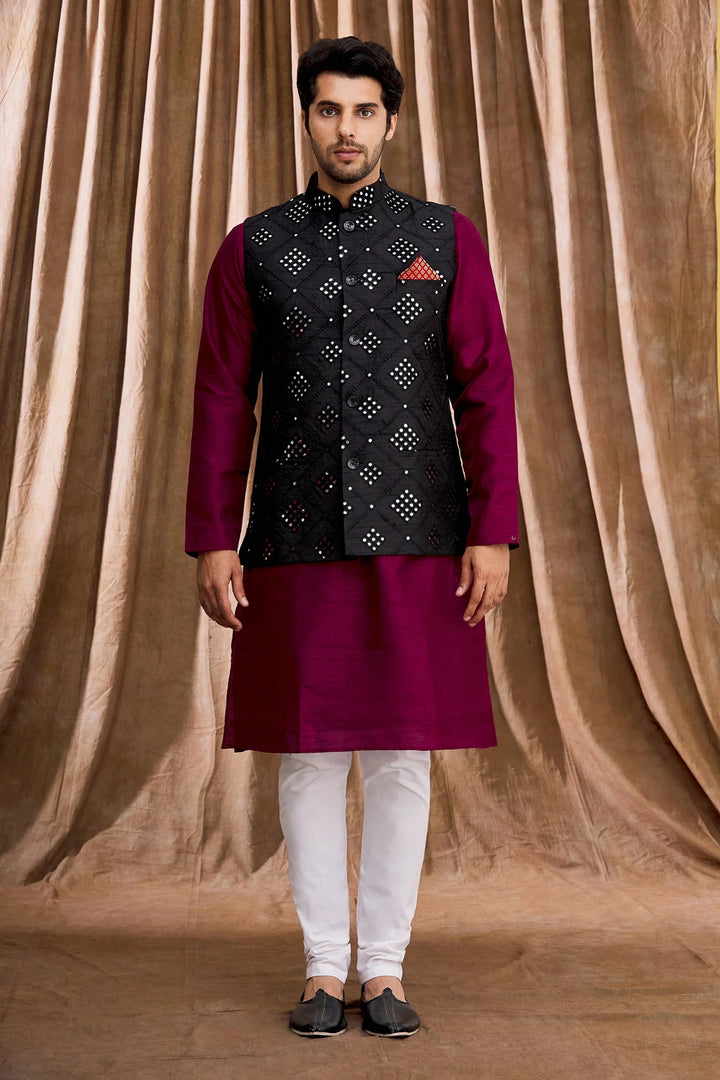 Aham Vayam's Mirror work Nehru jacket with Kurta set- Rent